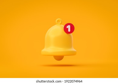 Notification message bell icon alert and alarm on yellow background with smartphone reminder. 3D rendering.
