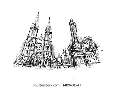 Notre Dame Cathedral in Ho Chi Minh city  hand draw sketch