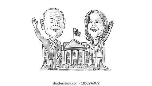 Nov 21, 2020, AUCKLAND, NEW ZEALAND: Illustration Of American 46th President Elect Democrat Joe Biden And Vice President Kamala Harris In Front Of White House Waving Done In Cartoon Caricature Style.