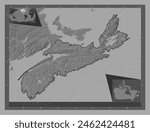 Nova Scotia, province of Canada. Bilevel elevation map with lakes and rivers. Locations of major cities of the region. Corner auxiliary location maps