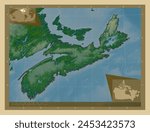 Nova Scotia, province of Canada. Colored elevation map with lakes and rivers. Locations of major cities of the region. Corner auxiliary location maps