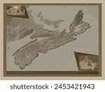 Nova Scotia, province of Canada. Elevation map colored in sepia tones with lakes and rivers. Locations of major cities of the region. Corner auxiliary location maps