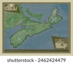 Nova Scotia, province of Canada. Elevation map colored in wiki style with lakes and rivers. Locations of major cities of the region. Corner auxiliary location maps