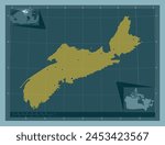 Nova Scotia, province of Canada. Solid color shape. Locations of major cities of the region. Corner auxiliary location maps