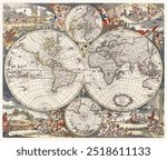 Nova Totius Terrarum orbis tabula map (1660) atlas map by Justus Danckerts. Vintage world map atlas art drawing illustration, old world map painting art print.