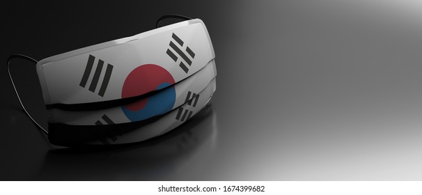 Novel Coronavirus Outbreak In South Korea Covid19 Virus Infection. Protective Medical South Korea Flag Face Mask On Black Background. 3d Illustration.