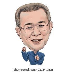 November 1, 2018 Caricature Of Vichai Srivaddhanaprabha Was A Thai Billionaire Businessman, Chairman Of King Power, Portrait Drawing Illustration.