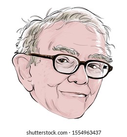 November 10, 2019 Caricature of Warren Edward Buffett, Warren Buffett, Investor , Businessman Millionaire Portrait Drawing Illustration.