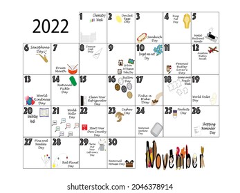 November 2022 illustrated monthly calendar of quirky holidays and unusual celebrations in colorful graphics on white.