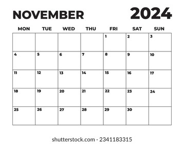 November 2024 Black and White Monday Start Landscaped Monthly Planner, Monday Start Calendar 2024, Landscape Organizer, 2024 Monthly Event Planner, 2024 Editable Monday Start Calendar - Powered by Shutterstock