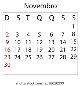 November 2025 calendar highlighting Brazilian holidays and the transition to summer. Embrace the warmth - Powered by Shutterstock