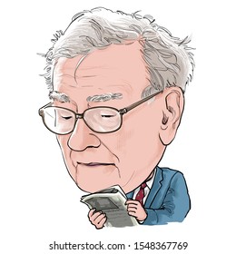 November 3, 2019 Caricature of Warren Edward Buffett, Warren Buffett, Investor , Businessman Millionaire Portrait Drawing Illustration.