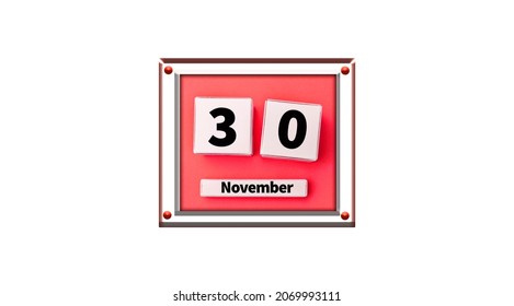 November 30. Image of November, calendar on white background with space for text. Summertime