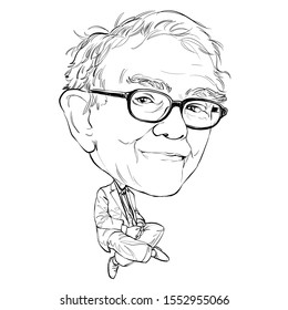 November 7, 2019 Caricature of Warren Edward Buffett, Warren Buffett, Investor , Businessman Millionaire Portrait Drawing Illustration.