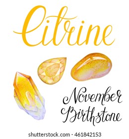 November birthstone Citrine isolated on white background. Close up illustration of healing crystals drawn by hand with colored pencils.
