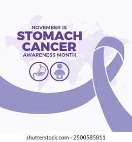 November is Stomach Cancer Awareness Month poster illustration. Lavender-blue awareness ribbon, stomach, abdominal pain icon set. Template for background, banner, card. Important day - Powered by Shutterstock