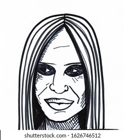 Novi Sad, Serbia, 01.09.2020.- Hand Drawing Portrait Of Italian Fashion Designer Donatella Versace. Black And White Illustration, Caricature, Cartoon.