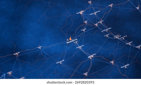 Novosibirsk map big data visualization. Futuristic map infographic of city in Russia. Visual map data complexity in modern blue and orange colors. 3D Illustration