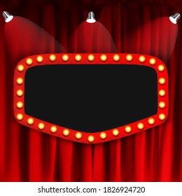 Now Showing Announcement Board With Bulb Frame On Curtains Background. Illustration