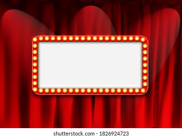 Now Showing Announcement Board With Bulb Frame On Curtains Background. Illustration