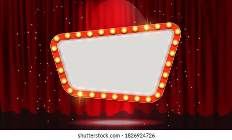 Now Showing Announcement Board With Bulb Frame On Curtains Background. Illustration