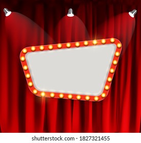 Now Showing Announcement Board With Bulb Frame On Curtains Background. Illustration