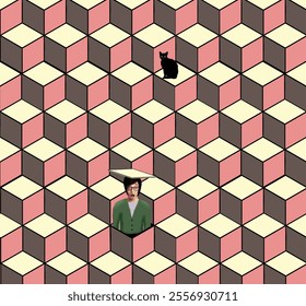 Now where is that darn cat? That's the theme of this 3-d illustration of a woman popping out of a box to look for her cat that is above and behind her. - Powered by Shutterstock