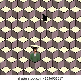 Now where is that darn cat? That's the theme of this 3-d illustration of a woman popping out of a box to look for her cat that is above and behind her. - Powered by Shutterstock