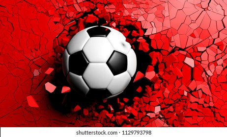 NSoccer Ball Breaking With Great Force Through A Red Wall. 3d Illustration.