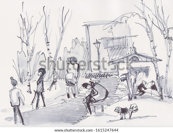 nstant sketch, people
walking in the
park