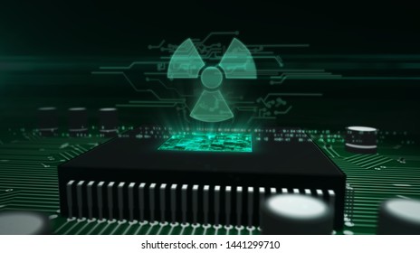 Nucelar Danger Icon Glowing Hologram Over Working Cpu In Background. Futuristic Concept Of Cyber War, Nuclear Conflict, Science, Energy Symbol And Radioactive Warning. 3D Illustration.