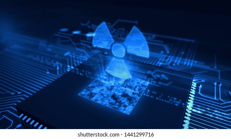 Nucelar Danger Icon Glowing Hologram Over Working Cpu In Background. Futuristic Concept Of Cyber War, Nuclear Conflict, Science, Energy Symbol And Radioactive Warning. 3D Illustration.