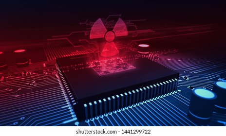 Nucelar Danger Icon Glowing Hologram Over Working Cpu In Background. Futuristic Concept Of Cyber War, Nuclear Conflict, Science, Energy Symbol And Radioactive Warning. 3D Illustration.