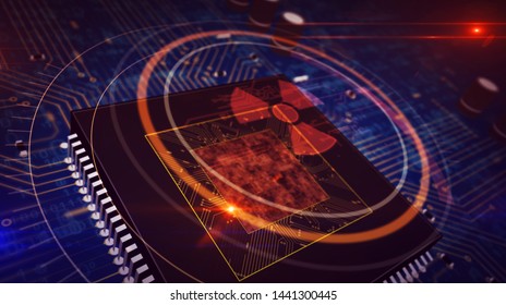 Nucelar Danger Icon Glowing Hologram Over Working Cpu In Background. Futuristic Concept Of Cyber War, Nuclear Conflict, Science, Energy Symbol And Radioactive Warning. 3D Illustration.