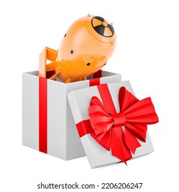 Nuclear Bomb Inside Gift Box, Gift Concept. 3D Rendering Isolated On White Background