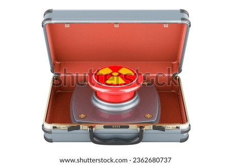 Nuclear briefcase. Nuclear red button inside briefcase, 3D rendering isolated on white background