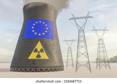 Nuclear Energy In EU Or European Union Concept. Cliche Symbols Of Nuclear Energy With An Electricity Transmission Towers Flag Of The Country On A Nuclear Plant Cooling Tower. 3D Rendering. 