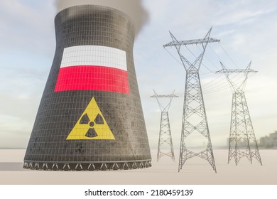Nuclear energy in Poland concept. Cliche symbols of nuclear energy with an electricity transmission towers flag of the country on a nuclear plant cooling tower. 3D Rendering.