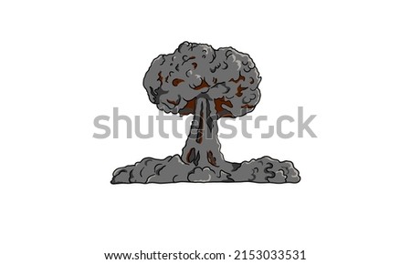 Nuclear explosion, gray ash column, puffs of smoke. Illustration. Isolated background. Use of weapons. Design element