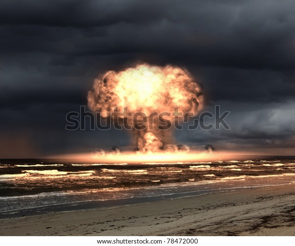 Nuclear explosion in\
an outdoor setting. Symbol of environmental protection and the\
dangers of nuclear\
energy.