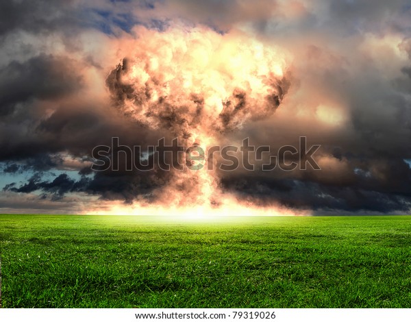 Nuclear explosion in\
an outdoor setting. Symbol of environmental protection and the\
dangers of nuclear\
energy.