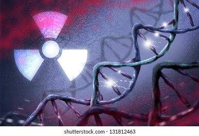 Nuclear Fallout And Radiation Therapy Concept.  DNA And Radioactive Symbols.