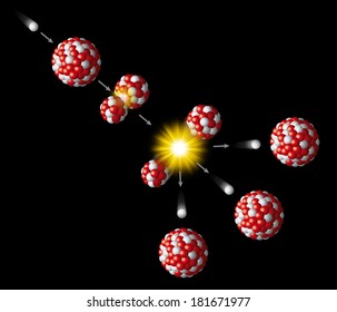 Nuclear Fission Of Uranium, radioactive decay process. Uranium atom nucleus splits into smaller isotopes krypton and barium, producing free neutrons and gamma rays,  releasing large amount of energy