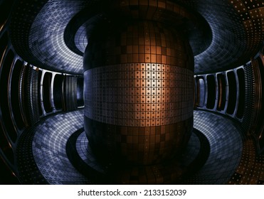 Nuclear Fusion Energy. Toroidal Chamber With A Magnetic Coil. Device For Carrying Out A Controlled Thermonuclear Reaction. 3d Render