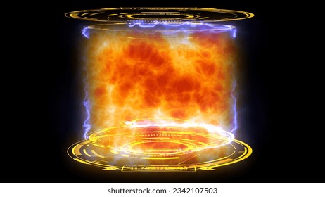 Nuclear fusion engine simulation of atomic collision to powerful release mass power in digital blue laboratory on the black isolated