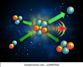 Nuclear Fusion Reaction Generating Energy And Light. Digital Illustration.