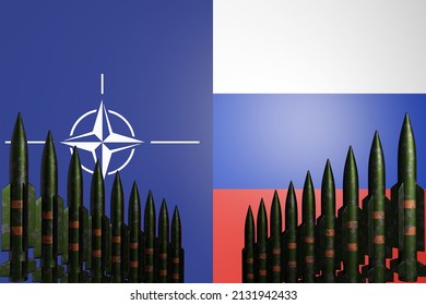 Nuclear missiles standing in row with NATO and Russia flags on background. Cold war concept. Russian-ukrainian conflict. Ballistic weapons. 3d render illustration. 02.03.2022 Almaty, Kazakhstan.