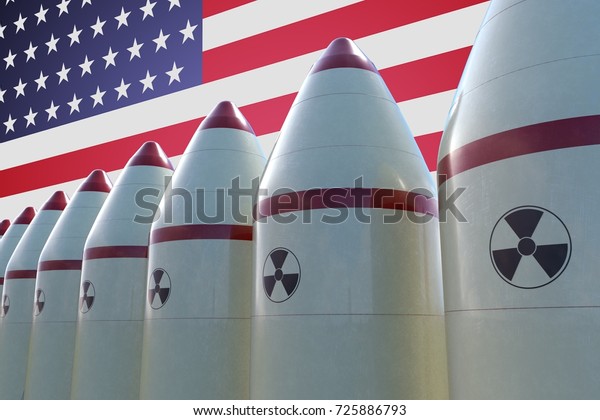 背景に核ミサイルと米国の国旗 3dレンダリングイラスト のイラスト素材