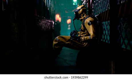 A Nuclear Physicist Sits On A Neon Street And Checks The Surrounding Radiation With A Dosimeter. Post-apocalyptic World Concept. 3D Rendering.