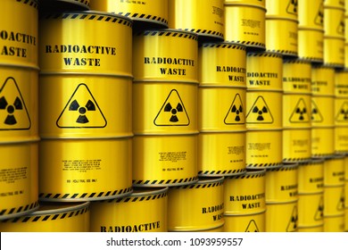 Nuclear Power Fuel Manufacturing, Disposal And Utilization Industry Concept: 3D Render Of The Group Of Stacked Yellow Metal Barrels, Drums Containers With Poison Dangerous Hazardous Radioactive Waste